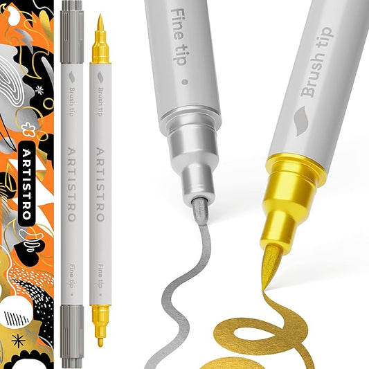 ARTISTRO 2 Gold&Silver Dual-Tip Acrylic Paint Pens - Multisurface Metallic Markers for Glass, Rock, Fabric, Wood, Plastic & More - 1 mm Fine & Brush Tips