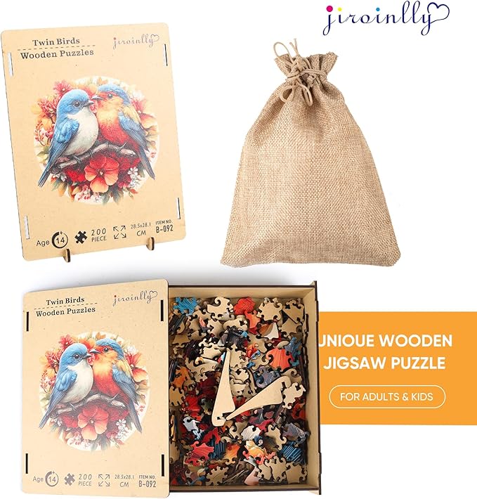 Wooden Jigsaw Puzzles -Twin Birds Wooden Puzzles for Adults, 200 Pcs Size 11.3'' x 11'', Luxurious Shaped Wood Puzzle, Beautiful Package, Best Gift for Adults, Family Game