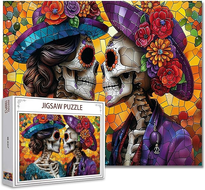 Tucocoo Day of The Dead Skull Jigsaw Puzzles for Adults 1000 Pieces, Romantic Bride and Groom Stained Glass Style Art DIY Puzzles for Home Decoration Gifts, Family Puzzle Perfect for Game Nights