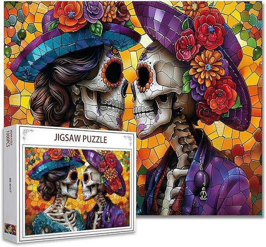 Tucocoo Day of The Dead Skull Jigsaw Puzzles for Adults 1000 Pieces, Romantic Bride and Groom Stained Glass Style Art DIY Puzzles for Home Decoration Gifts, Family Puzzle Perfect for Game Nights