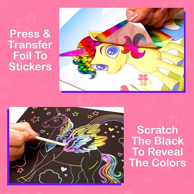 Craftikit ® Rainbow Land Foil Art & Scratch Art for Kids- 2-in-1 Arts and Crafts Kit for Kids Ages 4-10 - Rainbow Crafts for Girls Ages 4, 5, 6, 7, 8, 9, 10