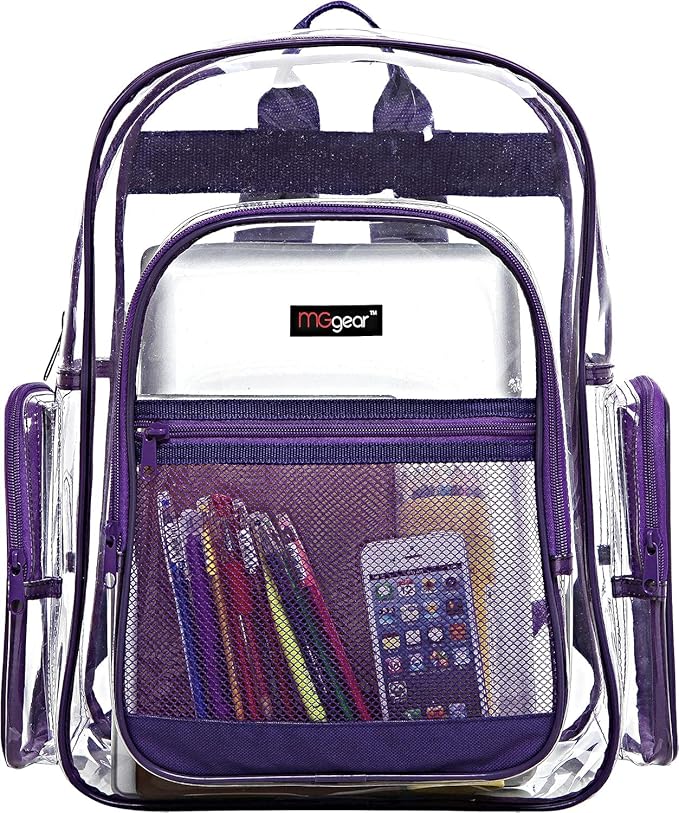 Wholesale 10-Pack Bulk Case Clear PVC Backpacks with Purple Trim and 5 Zipper Compartments, 17 Inch Transparent School Approved Backpack, Daypack, Stadium Bag, Bookbag