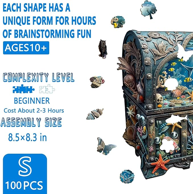 Wooden Puzzles for Adults - Treasure Chest Ocean Wooden Jigsaw Puzzle, Unique Shape Ocean Wood Puzzles Adult, Gifts for Family and Friends, Wall Art Home Decor (S-8.5 * 8.3in- 100 Pieces)