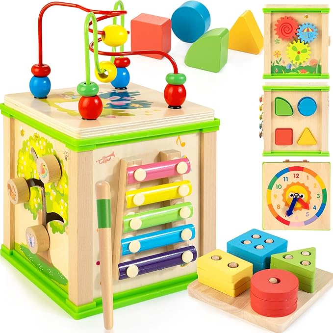 Wooden 7-in-1 Activity Cube| Montessori Toys for 1 2 3 Year Old Toddlers| Baby Educational Developmental Toys |One Year Old Boys Girls First Birthday Gifts |Bonus Sorting & Stacking Board