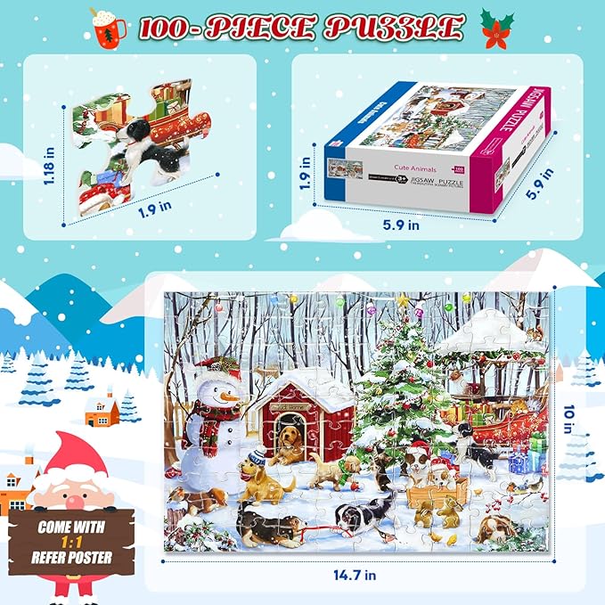 100 Piece Christmas Puzzle for Kids Ages 4-6 6-8 8-10 Christmas Ideal Gift for Boys Girls Jigsaw Puzzles 100 Pieces for Seniors(Cute Animals)