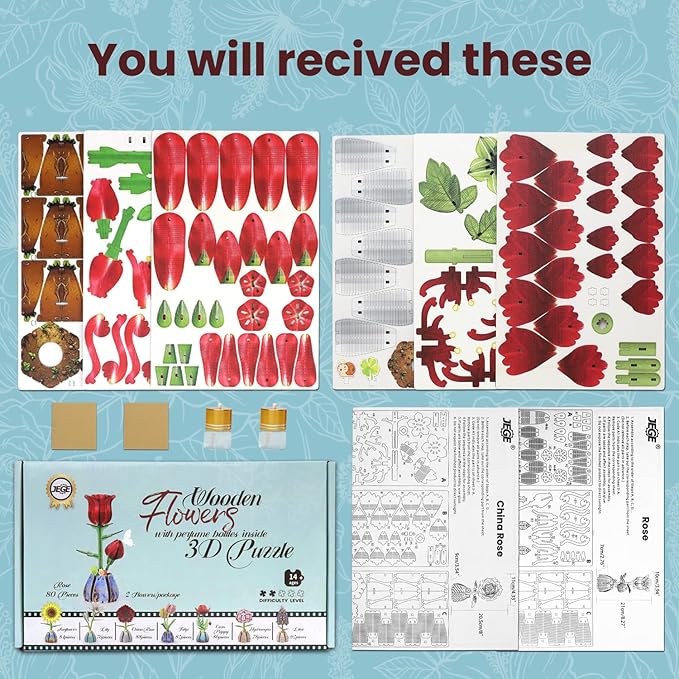 Jege 3D Flowers Wooden Puzzles for Adults,DIY Wooden 2 Flowers per Kit Building Set for Home Decor, Creative Craft Gift Toys Kits with 2 Perfume Bottles and Diffuser Sticks (Rose + China Rose)