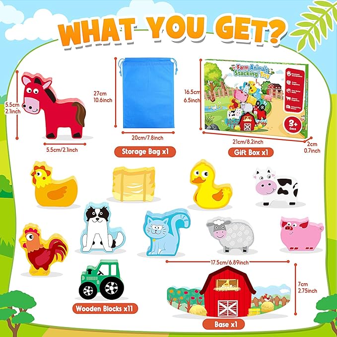 Montessori Toys for Kids 3-7 Wooden Farm Animal Blocks Stacking Games Educational Toy for 3 4 5 6 Year Old Girls Boys Christmas Birthday Gifts for Grandkids Toddler Balance Game Girls Age 3-5