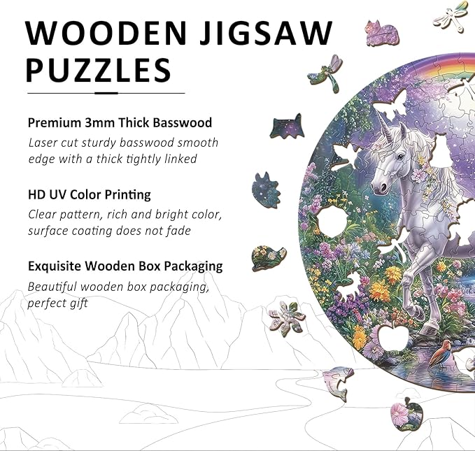 Wooden Puzzles for Adults - 200 Pieces Wooden Puzzle Fantasy Unicorn - Unique Animal Shape Wood Cut Puzzles - Eco-Friendly Home Office Decor (M-11.4 * 11.3in)