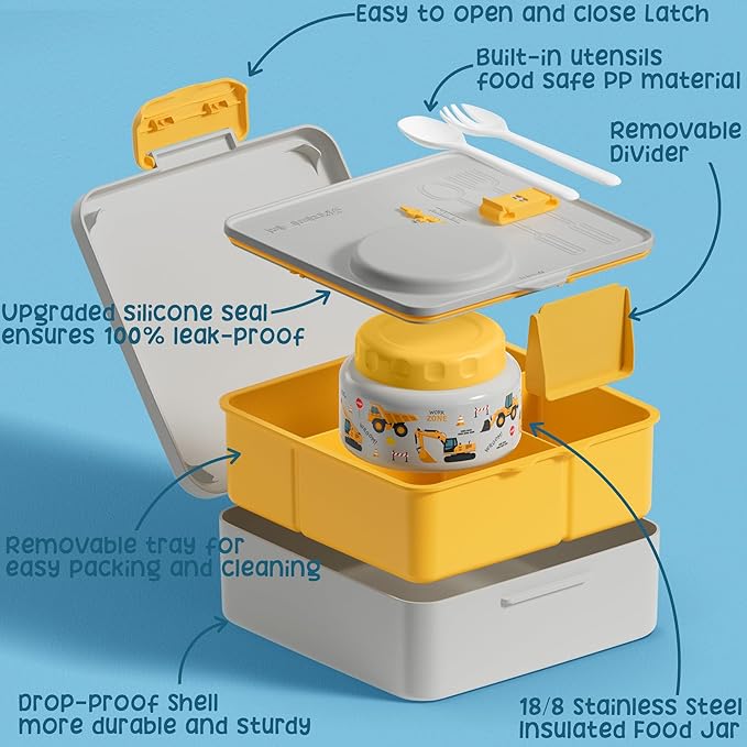Fimibuke Bento Lunch Box for Kids Adult, 3-4 Compartment 60OZ Toddler Lunch Box Container with Leakproof 8OZ Insulated Food Jar, Sauce Jar, Utensil for School Boys Girls, BPA-Free Dishwasher Safe