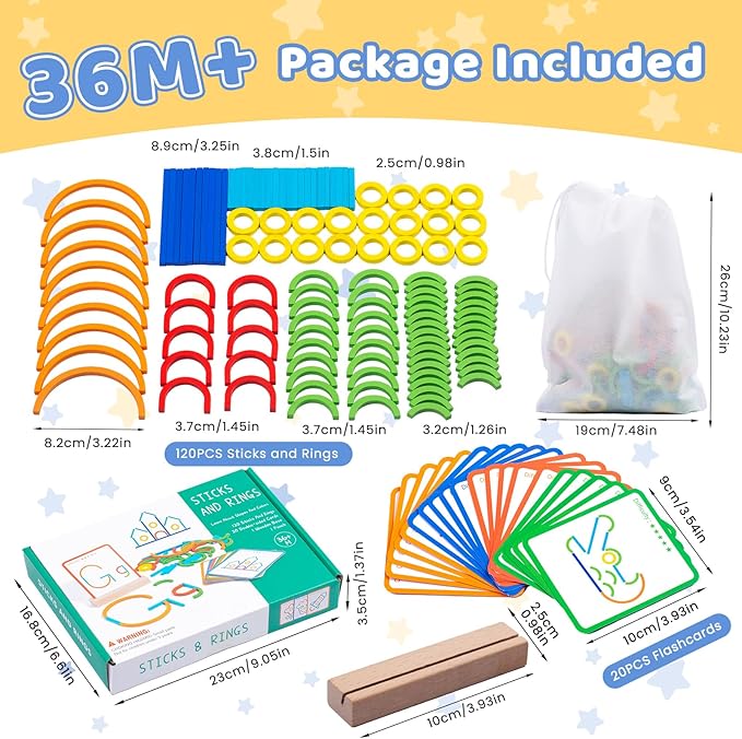 120pcs Wooden Pattern Blocks Shape Puzzles Sticks & Rings Wooden Tangram Puzzle Stem Preschool Brain Teaser Montessori Toys Gift for 3 4 5 Years Old Activity Kids Boy Girl