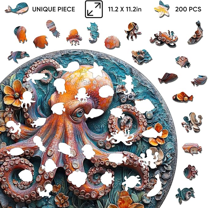 Wooden Puzzles for Adults, 3D Vision Octopus Wooden Jigsaw Puzzles 200 Pieces, 11.2 in Unique Shape Ocean Wooden Puzzle, Irregular Puzzle Creative for Adults and Kids Family Games