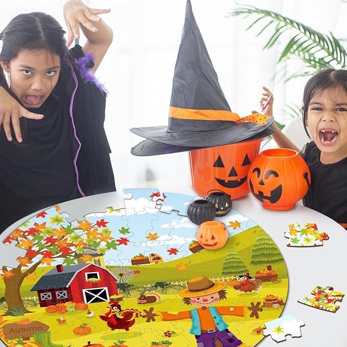 71 PCS Halloween Thanksgiving Double Sided Floor Puzzle for Kids Ages 4-8 Large Jigsaw Puzzles Ages 3-5 Castle Pumpkin Fall Scarecrow Educational Learning Toys