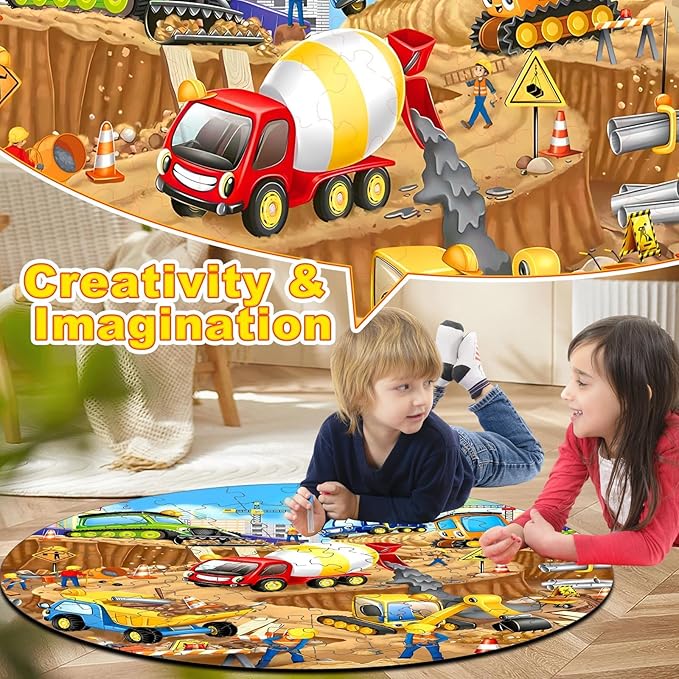 71Pcs Christmas Construction Vehicle Floor Puzzle for Kids 3,4,5,6,7,8,Educational Building Jigsaw Puzzles with Excavator Dumper Monster Truck for Ages 3-5,Learning Toys Gift for Girls and Boys