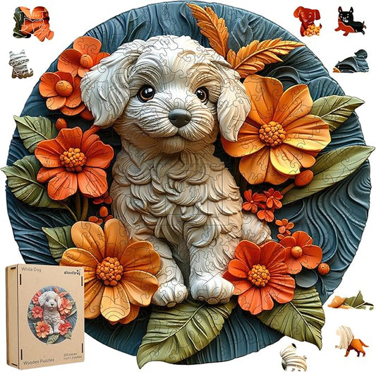Wooden Puzzle for Adults - 3D Vision Effect White Dog Wooden Puzzle 200 Pcs Unique Shape Advanced Wooden Jigsaw Puzzle, Wood Puzzles, Challenge Wooden Jigsaw Puzzle(11.1 x 11.2 in)