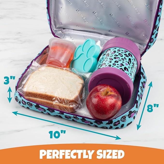 Bentology Kids Lunch Bag Set w Matching Reusable Food Jar & Hard Ice Pack- Cheetah- Insulated Tote, Stainless Steel thermos & Freezer Pack to Keeps Food Fresh for Hours- Back to School Lunch Box Kits