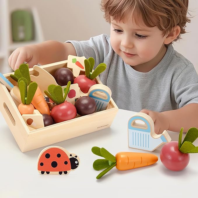 Wooden Montessori Gardening Playset for Kids – 16 Piece Plant & Harvest Toy Kit, Kids Pretend Play Food with Carrots, Beets, Mushrooms, Kitchen Accessories Toy Gift for Boys Girls 3+
