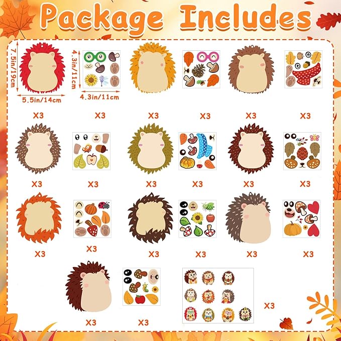 JUNEBRUSHS 30 Piece Fall Hedgehog Craft Set, Autumn Self-Adhesive Stickers Thanksgiving Make Your Own Crafts for Art Classroom Home Fall Harvest Event Party Supplies Decoration