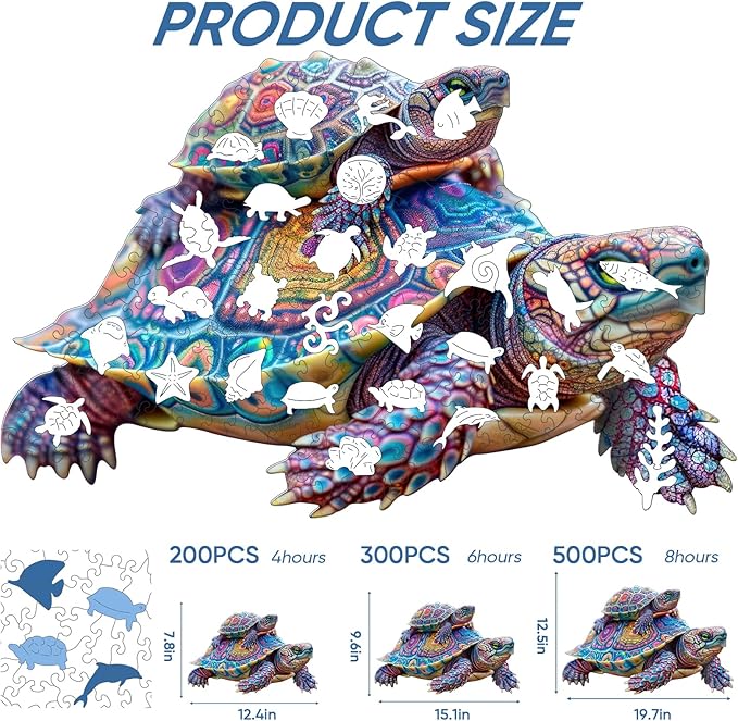 Wooden Jigsaw Puzzle, 200 Pcs Unique 3D Shape Jigsaw Puzzles, Wood Puzzle Gift Box Packing, Medium Size Letter, Creative Gift for Adults and Kids, Fun Challenging (200PCS, Turtle)