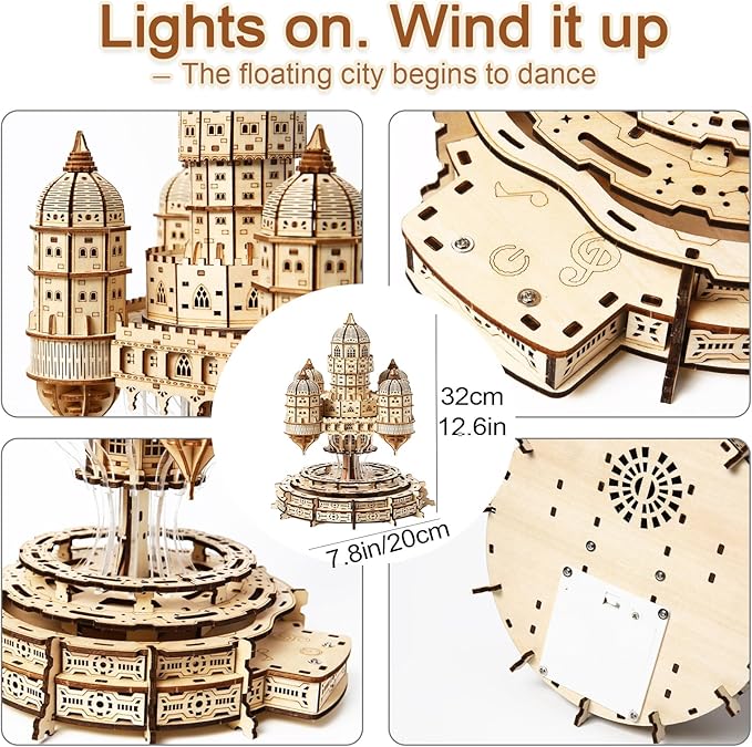 3D Wooden Puzzle for Adults – SkyCity Floating Castle Music Kit with LED Lights & Rotating Mechanism, DIY Mechanical Building Set, Hobbies Puzzle Models for Teens & Collectors