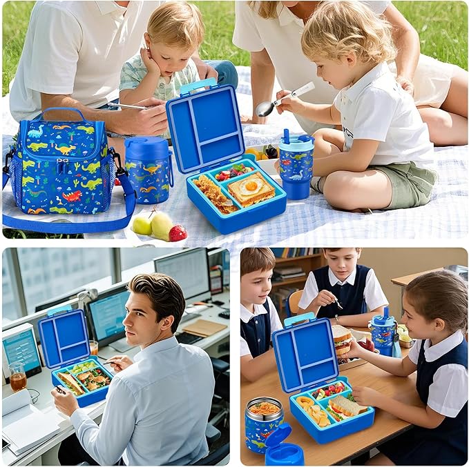 Bento Lunch Box for Kids with 17oz Soup Thermo,Insulated Tumbler Water Bottle and Insulated Lunch Bag,Leak-Proof 3 Compartment Lunch Food Container with with Ice Pack for Kids to School-Dinosaur