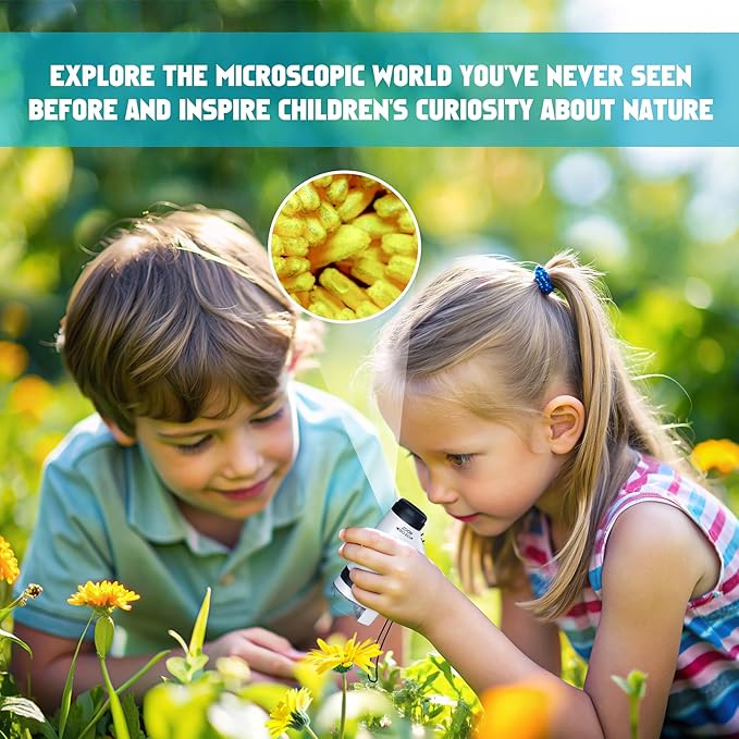 Portable Microscope for Kids Zoom 60x-180x,Handheld Mini Microscope STEM & Science Toys,LED Pocket Little Scientist Microscopes with 12pcs Slides,Gifts for 6,7,8,9,10+ Girls Boys（Blue&White）