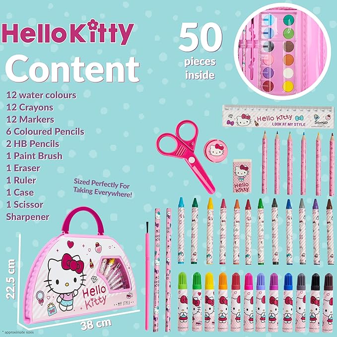 Hello Kitty Colored Pencils Art Supplies Kids Drawing Kit School Supplies Painting Kit Girls Drawing Pencils Art Kit Travel Case with Crayons Arts and Crafts for Kids 4-12 (White/Pink)
