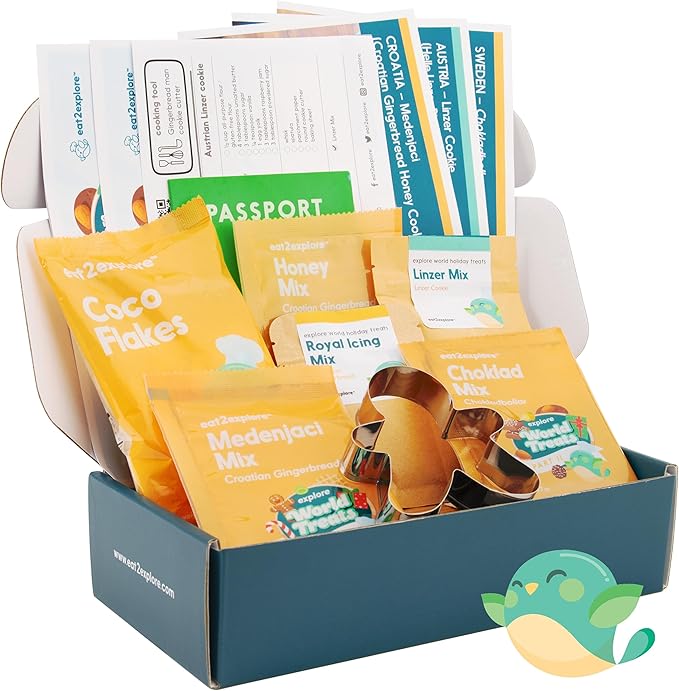 eat2explore Kids Real Dessert Baking Kit for Families | Includes 3 Recipe Cards from Sweden, Croatia and Austria with Key Ingredients, Baking Tools, Fun Kids Explorer Guide | Explore Europe