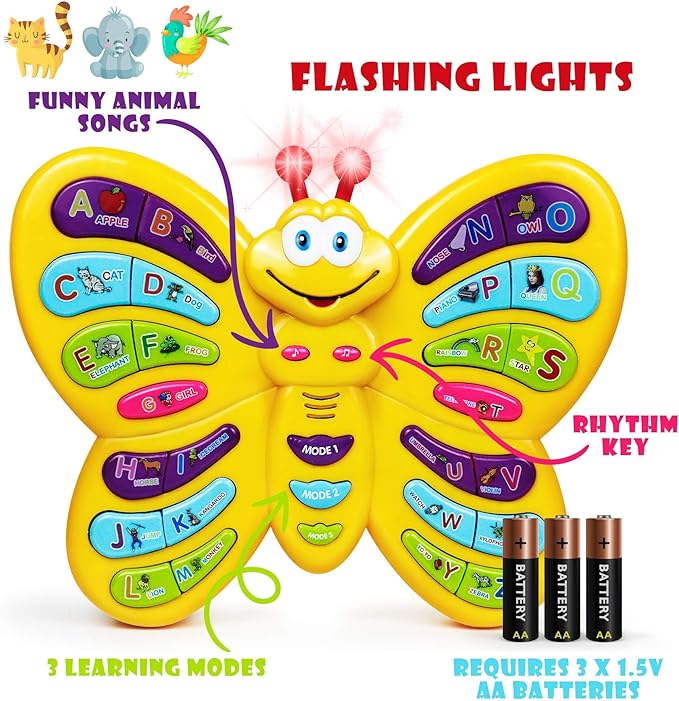 Preschool ABC Learning Toy, Interactive Educational Butterfly Toy for Toddlers, Animal Sounds & Music, Early Development See and Say Baby Toys for 3 Year Old Boys & Girls