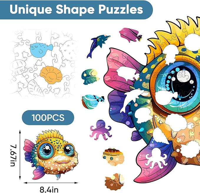 Ruikiyart Wooden Puzzles for Adults,100 Pieces Unique Animal Shaped Wooden Jigsaw Puzzle,Ocean Puzzle for Kids,Creative Gift Toys for Adults and Kids Family Game,7.67x8.4 Inch