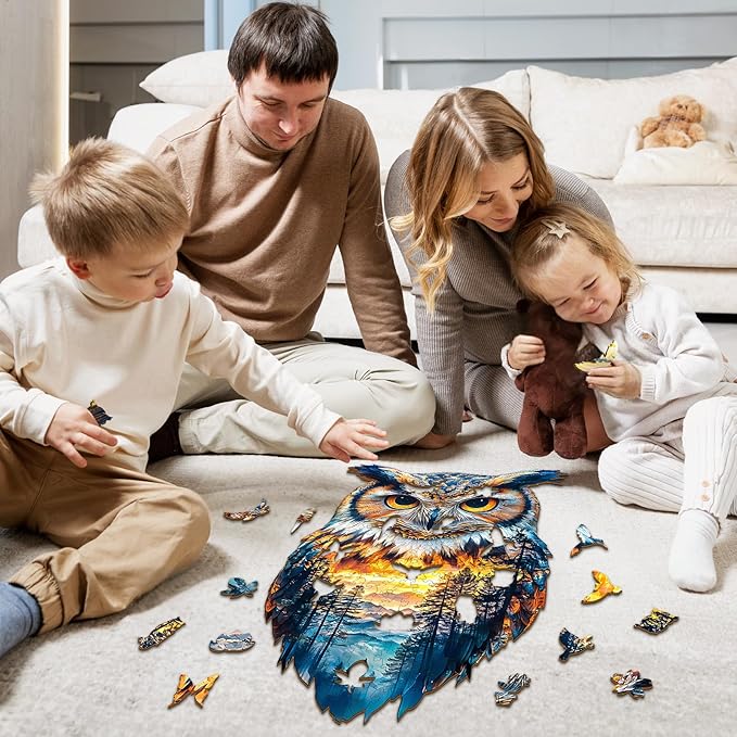 Wooden Jigsaw Puzzles, Forest Owl Wooden Puzzles for Adults with Unique Shape, Adult Jigsaw Puzzle, Birthday Gifts for Adults, 13.3"x8" - 170pcs