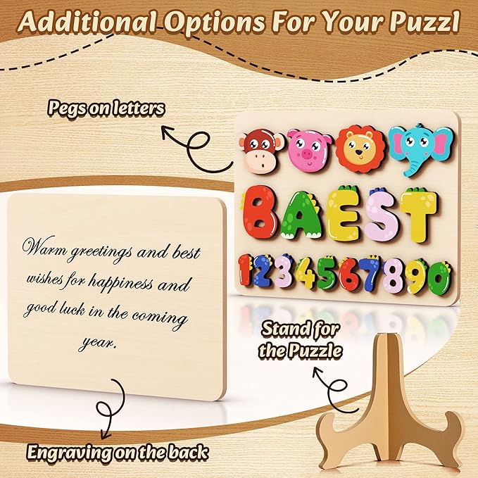 Personalized Name Puzzle for Toddlers - Custom Wooden Jigsaw Puzzles with Animals, Montessori Learning Toys, Baby Birthday Gift for 1, 2, 3 Year Old Boy or Girl (Name Puzzle-04)