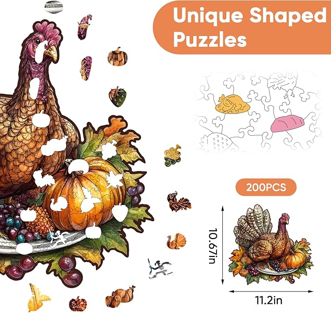 delobil Thanksgiving Wooden Puzzles for Adults, Autumn Table Turkey Jigsaw Puzzles 200Pcs, 11.2x10.7in, Medium Size, Unique Shape Adult Fall Puzzle, Thanksgiving Gift for Adults and Kids Family Game