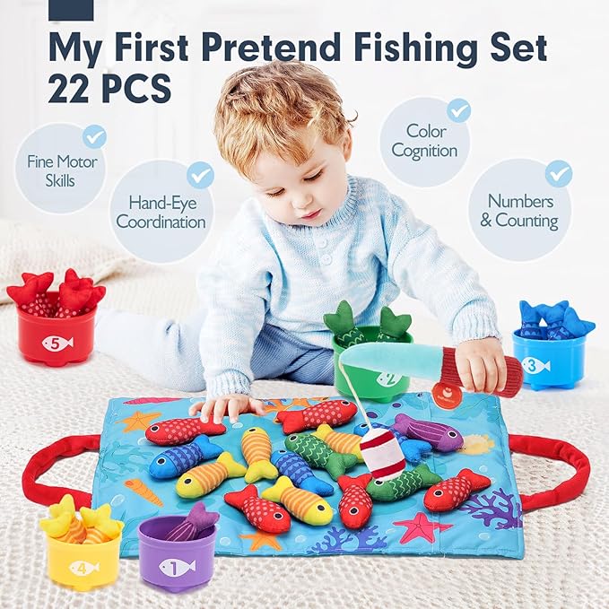 hahaland Toddler Toys Montessori Toys for 1 Year Old Boy Girl Birthday Gift - 10 in 1 Cloth Fishing Game for Toddler 1-3 with Stacking Cups - Number Counting, Color Sorting Learning