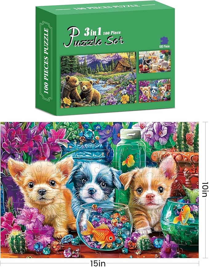 3 Pack 100 Piece Puzzles for Kids, Cat Fish Bear Jigsaw Puzzle for Kids Age 4-6 6-8 8-10,Large Piece Puzzle,Bright & Colorful Educational Puzzle,Great Unique Gift for Boys Girls Birthday Holiday