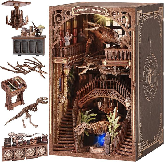 [2025 New] Dinosaur Museum Book Nook Kit with Dust Cover & LED Light, DIY Miniature House Kit Toy, 3D Wooden Puzzle Bookshelf Decor Building Kit, Birthday Gifts for Family & Friends