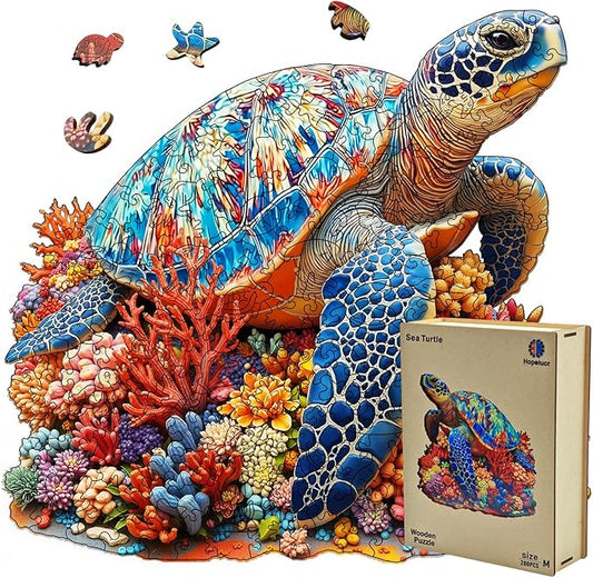 Wooden Puzzles for Adults, Sea Turtle Wooden Jigsaw Puzzle 200 Pieces, Unique Animal Shaped Wooden Puzzle Adults, Christmas Thanksgiving Birthday Gifts for Kids Friend Family Game (M-10.9 * 10.4in)