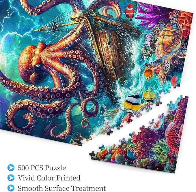 Octopus Ocean Puzzle for Adults 500 Pieces Octopus Pirate Ship Ocean Sea Jigsaw Puzzles Marine Artwork Colorful and Fun Challenging Puzzle for Game Nights