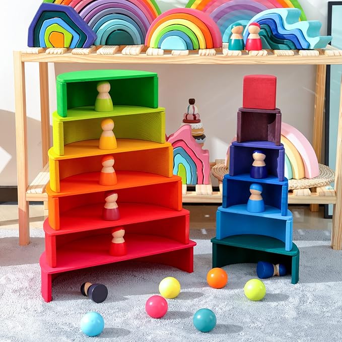 Wooden Rainbow Stacking Toy, 12 Pcs Wood Building Blocks Set, Waldorf Toys for Toddlers, Matching Educational Learning Toy