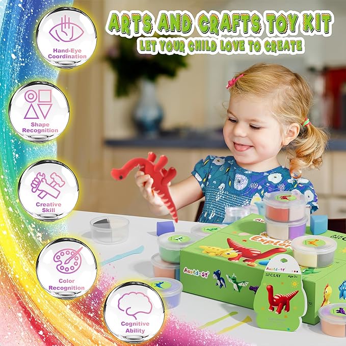 Air Dry Clay Kit - Dinosaur Theme, Modeling Clay for Kids, DIY Model Magic with Sculpting Tools and Tutorials, 12 Boxes Molding Clays, Ultra Light, Soft & Non-Sticky, Arts and Crafts Gift for Kids