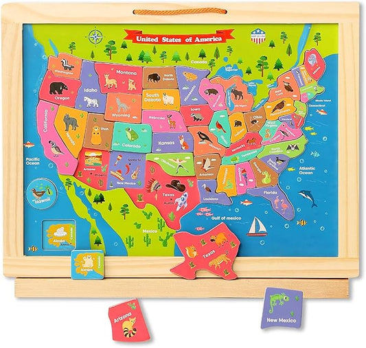 GRINNIE USA Map Puzzle for Toddlers 3 4 5 Years Old, Magnetic Wooden Jigsaw Learning Puzzle with Writing Board for Kids Age 4-6, Preschool Educational Toy Gift for Boys Girls Birthday Christmas