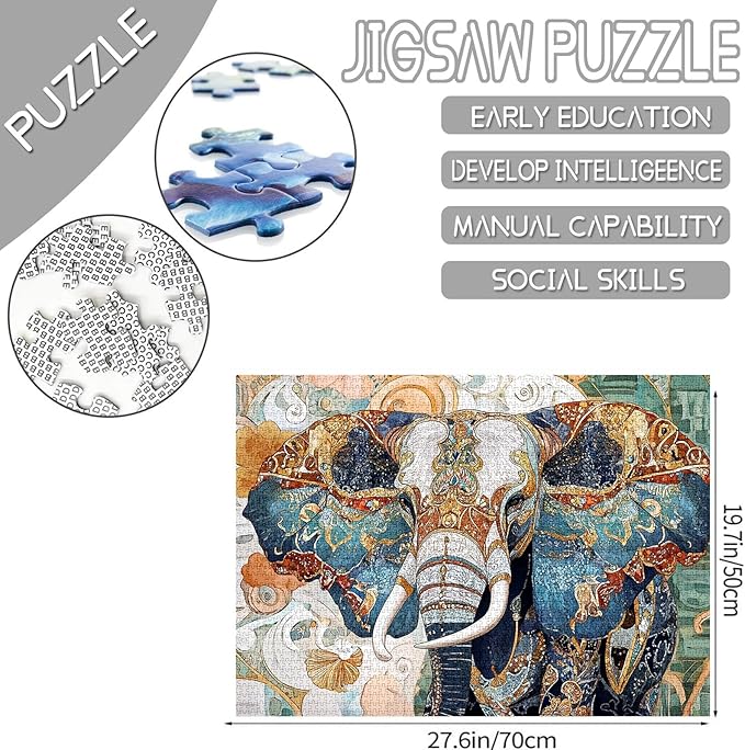 1000 Piece Jigsaw Puzzle-Beautiful Elephant Puzzles 1000 Pieces for Adults,Floral Typical Background Exquisite Elephant Puzzles for Adults Puzzles for Adults 1000 Pieces Puzzles Gifts