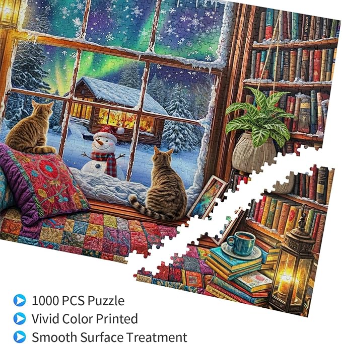 Winter Reading Nook 1000 Piece Jigsaw Puzzle Winter Puzzles 1000 Pieces Funny Cat Puzzle Puzzles for Indoor Cats for Adults Challenging Puzzle Perfect for Game Nights