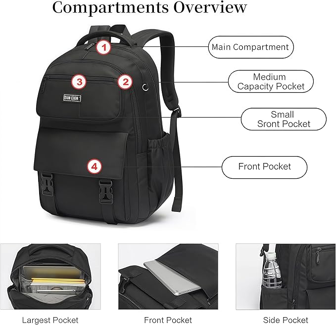 SUN EIGHT 35L Waterproof School Backpack for College, Kids Backpack Lightweight Large Capacity Travel Bag with Multi Pockets(Black)