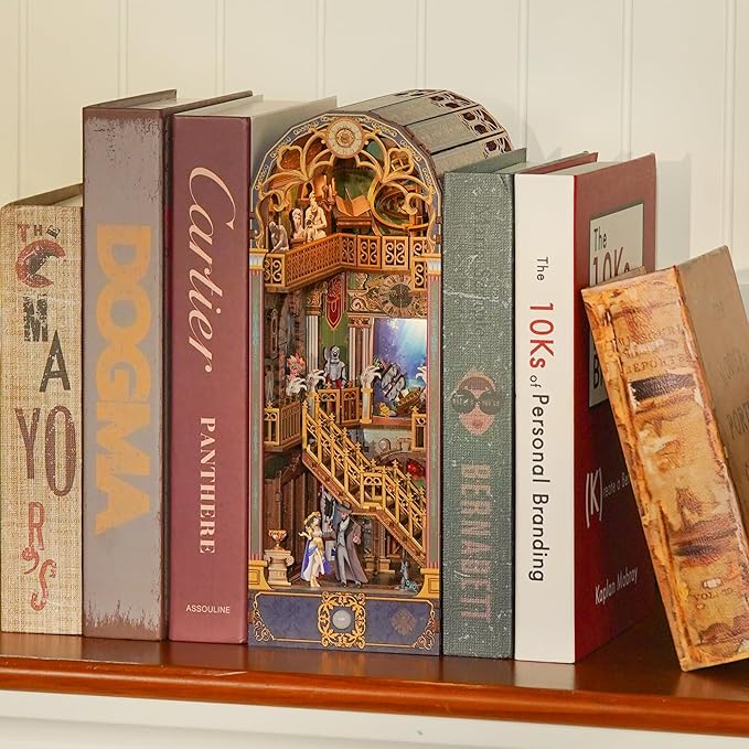 Tonecheer DIY Book Nook Kit for Adults, 3D Wooden Puzzle Bookend Miniature House Kit, Booknook Bookshelf Insert Decor with Dust Cover and LED Lights Gifts (Spacetime Museum)