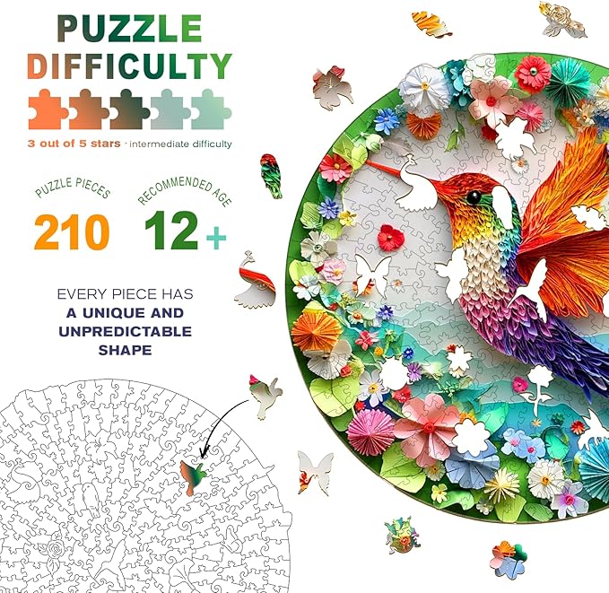 Wooden Puzzles for Adults - Hummingbird Wooden Jigsaw Puzzle - Unique Shape 3D Vision Wood Puzzles Adult - Christmas Birthday Gifts for Adults/Friends/Family - 210pcs 11.4 * 11.3in