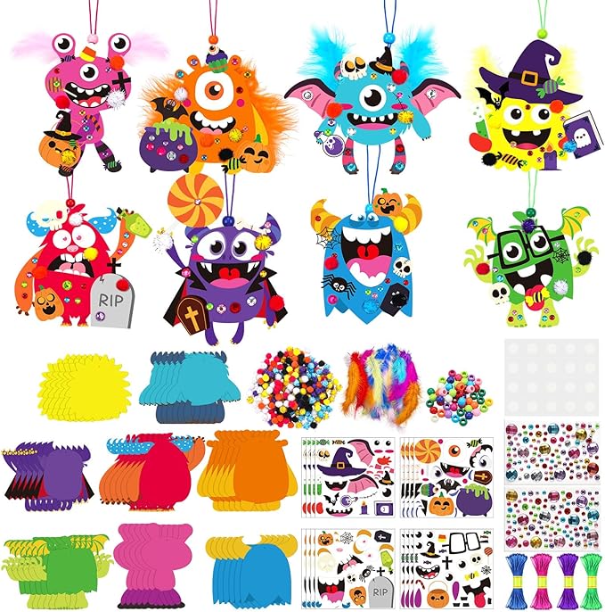 48 Sets Halloween Monster Crafts Kits Halloween Fall Craft Bulk DIY Monster Ornaments Necklace Feather Ball Sticker Beads Pom Arts and Crafts Classroom Activities Art Project Party Favors