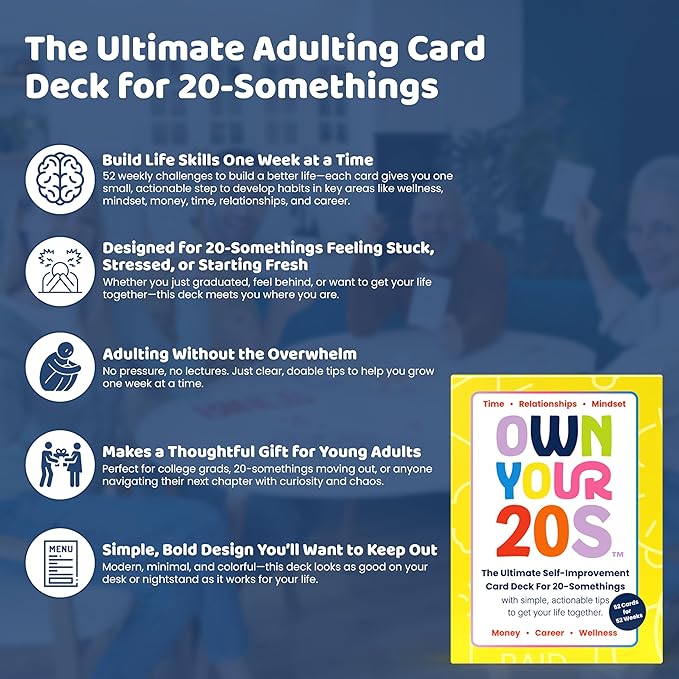The Ultimate Adulting Card Deck for 20-Somethings | 52 Weekly Cards to Get Your Life Together – Wellness, Career, Time, Money & More