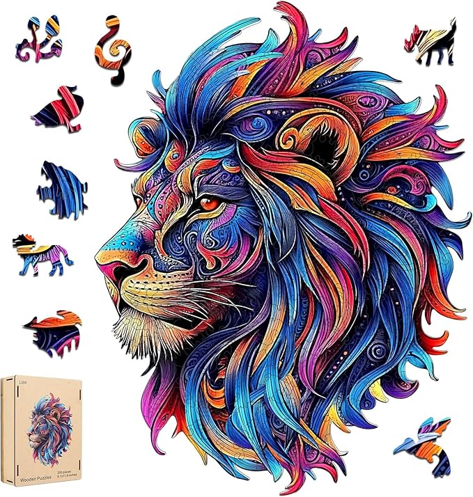 Wooden Jigsaw Puzzle, 200 Pcs Unique 3D Shape Jigsaw Puzzles, Wood Puzzle Gift Box Packing, Medium Size Letter, Creative Gift for Adults and Kids, Fun Challenging (EA4Lion, 200PCS)