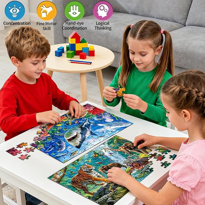 Puzzles for Kids Ages 4-6, 2 Pack 100 Pieces Jigsaw Puzzles for Kids 3-5 4-6 (Forest Animals and Ocean Life), Learning & Educational Games Beautiful Gift for Kid Toddlers 3-8