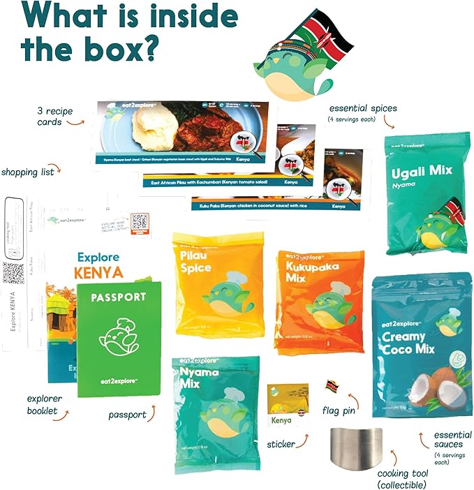 eat2explore Cooking Kits for Kids - Interactive & Educational Set with 3 Recipe Cards, Key Ingredients & Cooking Tools - Ideal Idea for Kids who Love to Create Meals (Kenya Edition)